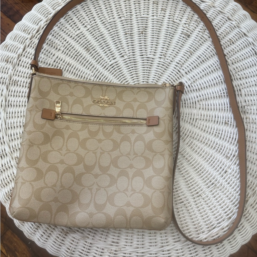 Coach Tan Crossbody Bag with Monogram Print and Gold Accents Authentic NWOT